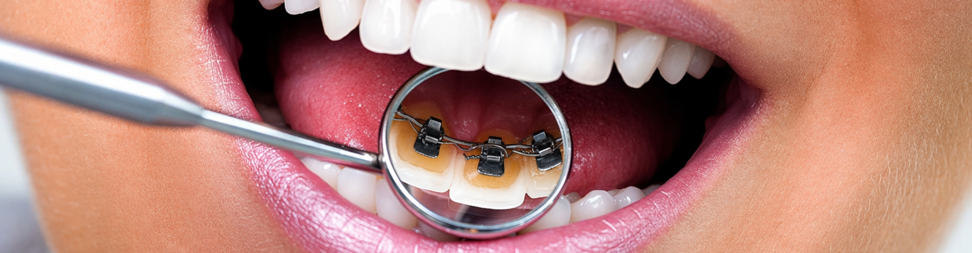 Dental mirror in woman's mouth reflecting braces on the back of her lower teeth.